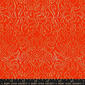 The image is a vibrant red pattern with intricate designs and shapes, including flames, swirls, and geometric patterns. The overall design is visually striking and eye-catching.