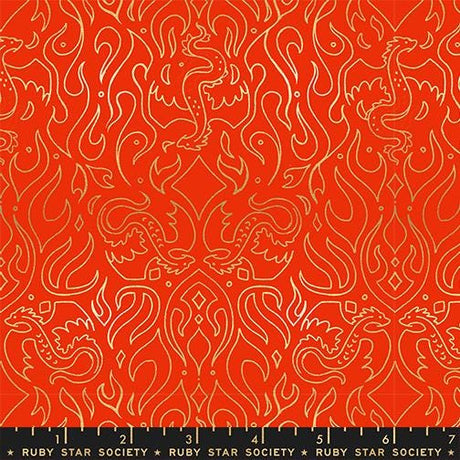 The image is a vibrant red pattern with intricate designs and shapes, including flames, swirls, and geometric patterns. The overall design is visually striking and eye-catching.