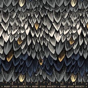 The image is a close-up of a textured surface with a repeating pattern of gray, black, and white feathers.