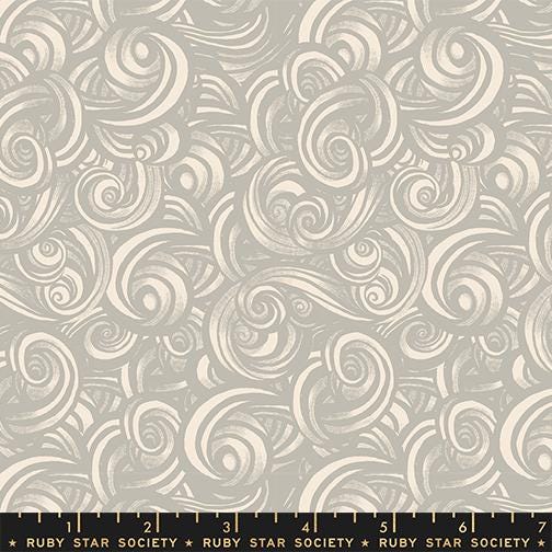 The image is a repeating pattern of swirling, curving shapes in shades of gray and white, creating a visually striking and dynamic design.