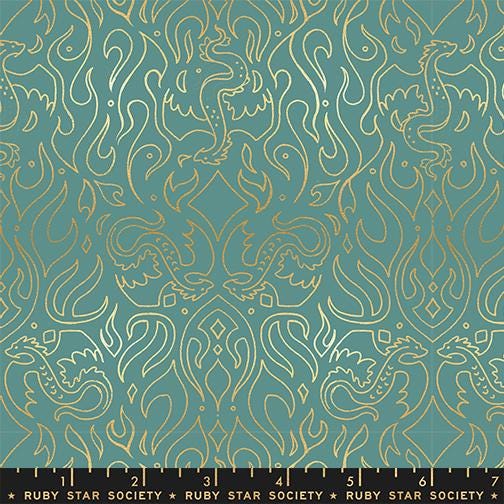 a repeating pattern of stylized flames or fire-like shapes in various shades of green and gold. The pattern is intricate and detailed, creating a visually striking and dynamic design.