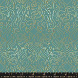 a repeating pattern of stylized flames or fire-like shapes in various shades of green and gold. The pattern is intricate and detailed, creating a visually striking and dynamic design.