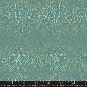 a repeating pattern of stylized flames or fire-like shapes in various shades of green and gold. The pattern is intricate and detailed, creating a visually striking and dynamic design.