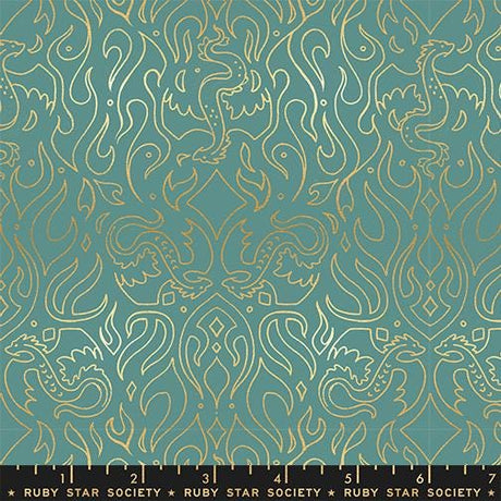 a repeating pattern of stylized flames or fire-like shapes in various shades of green and gold. The pattern is intricate and detailed, creating a visually striking and dynamic design.