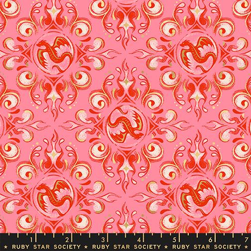 a repeating pattern of red and pink flames and a dragon design on a pink background.