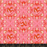 a repeating pattern of red and pink flames and a dragon design on a pink background.