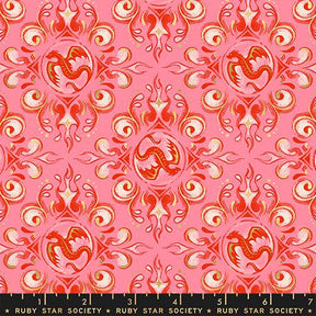 a repeating pattern of red and pink flames and a dragon design on a pink background.