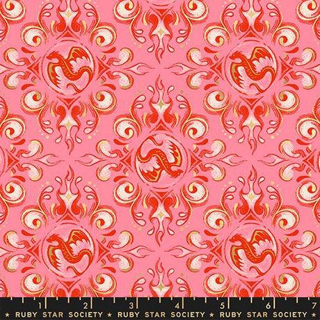 a repeating pattern of red and pink flames and a dragon design on a pink background.