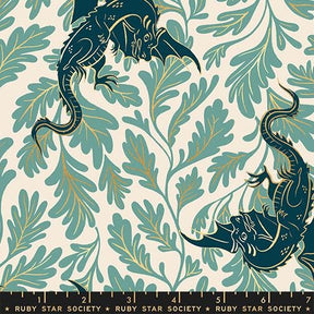 two stylized dragons, one on the left and one on the right, against a background of green leaves and a light blue color.