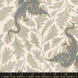 a repeating pattern of two stylized dragons, one on each side, against a background of leaves and branches in shades of gray and gold.