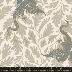 a repeating pattern of two stylized dragons, one on each side, against a background of leaves and branches in shades of gray and gold.