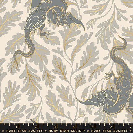 a repeating pattern of two stylized dragons, one on each side, against a background of leaves and branches in shades of gray and gold.