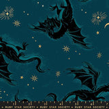 a night sky with a large, dark dragon-like creature in the center, surrounded by smaller stars and a crescent moon.