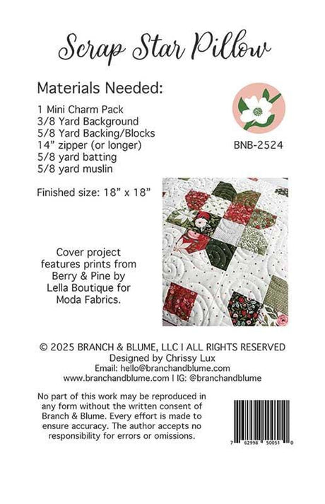 Scrap Star Pillow Pattern, Size is 18" x 18" BNB2524 by Chrissy Lux of Branch and Blume Printed Pattern only