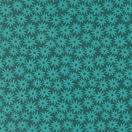 a repeating pattern of green flowers on a dark background.