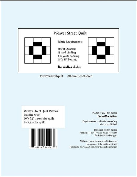 Weaver Street Quilt Printed Pattern Only - Finished Size 60 x 72 TSC-109 From Smitten Chicken By Jen Belnap Fat Quarter friendly pattern