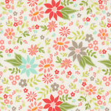 a repeating pattern of colorful flowers and leaves on a white background.