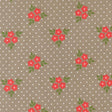a repeating pattern of red flowers with green leaves against a light brown background with white polka dots.
