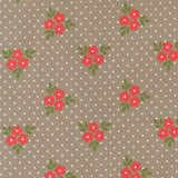 a repeating pattern of red flowers with green leaves against a light brown background with white polka dots.