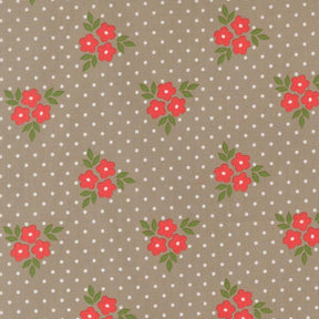 a repeating pattern of red flowers with green leaves against a light brown background with white polka dots.