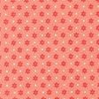 a repeating pattern of red flowers with white polka dots on a peach-colored background.