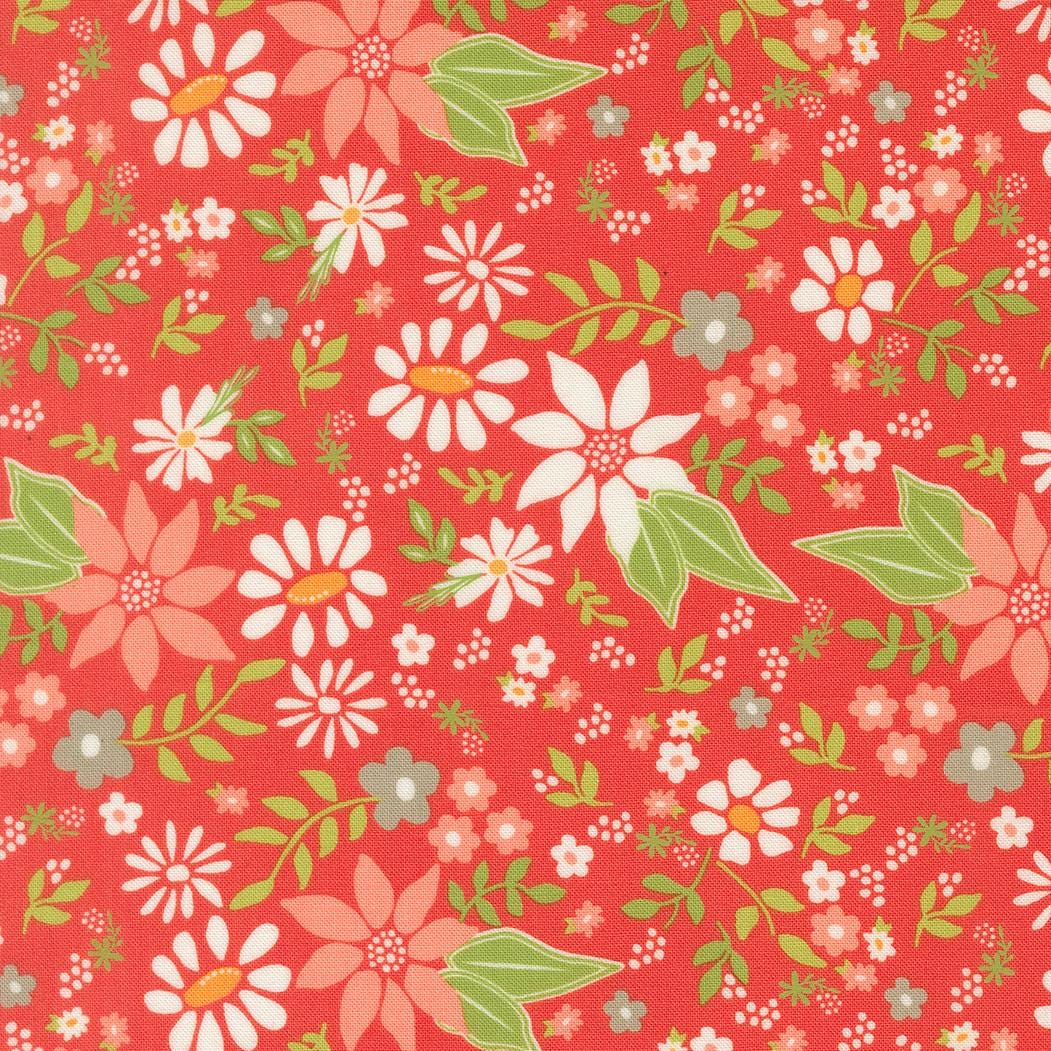 a vibrant floral pattern with various types of flowers and leaves in shades of red, green, and white. The pattern is composed of multiple smaller images of flowers and leaves, creating a visually appealing and intricate design.