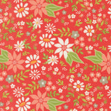a vibrant floral pattern with various types of flowers and leaves in shades of red, green, and white. The pattern is composed of multiple smaller images of flowers and leaves, creating a visually appealing and intricate design.