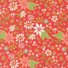 a vibrant floral pattern with various types of flowers and leaves in shades of red, green, and white. The pattern is composed of multiple smaller images of flowers and leaves, creating a visually appealing and intricate design.