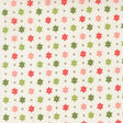 a repeating pattern of small pink, green, and red flowers with small white dots arranged in a grid-like pattern on a white background.