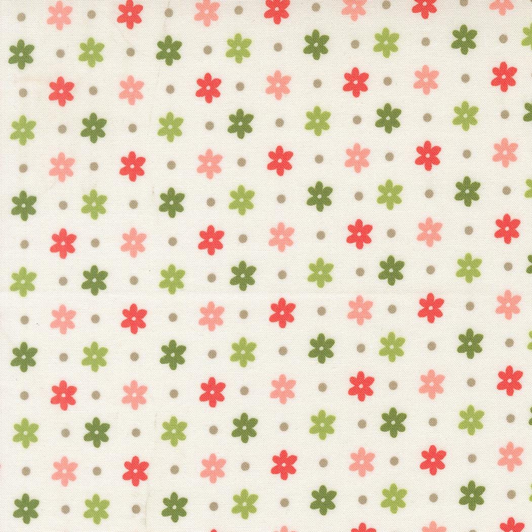 a repeating pattern of small pink, green, and red flowers with small white dots arranged in a grid-like pattern on a white background.