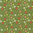 a repeating pattern of green leaves, white flowers, and red flowers on a green background.