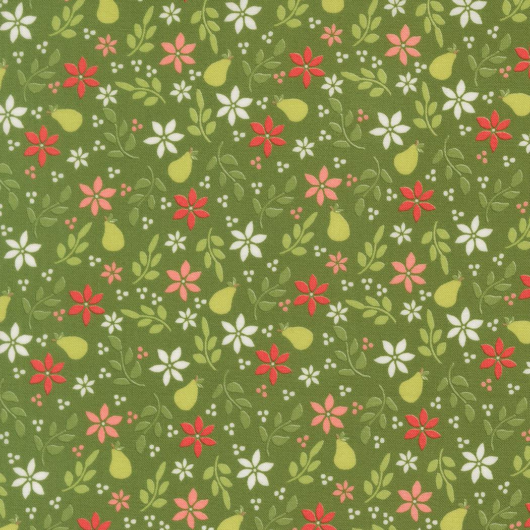 a repeating pattern of green leaves, white flowers, and red flowers on a green background.