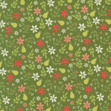 a repeating pattern of green leaves, white flowers, and red flowers on a green background.