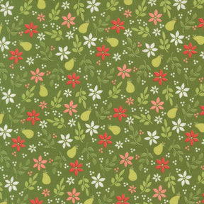 a repeating pattern of green leaves, white flowers, and red flowers on a green background.