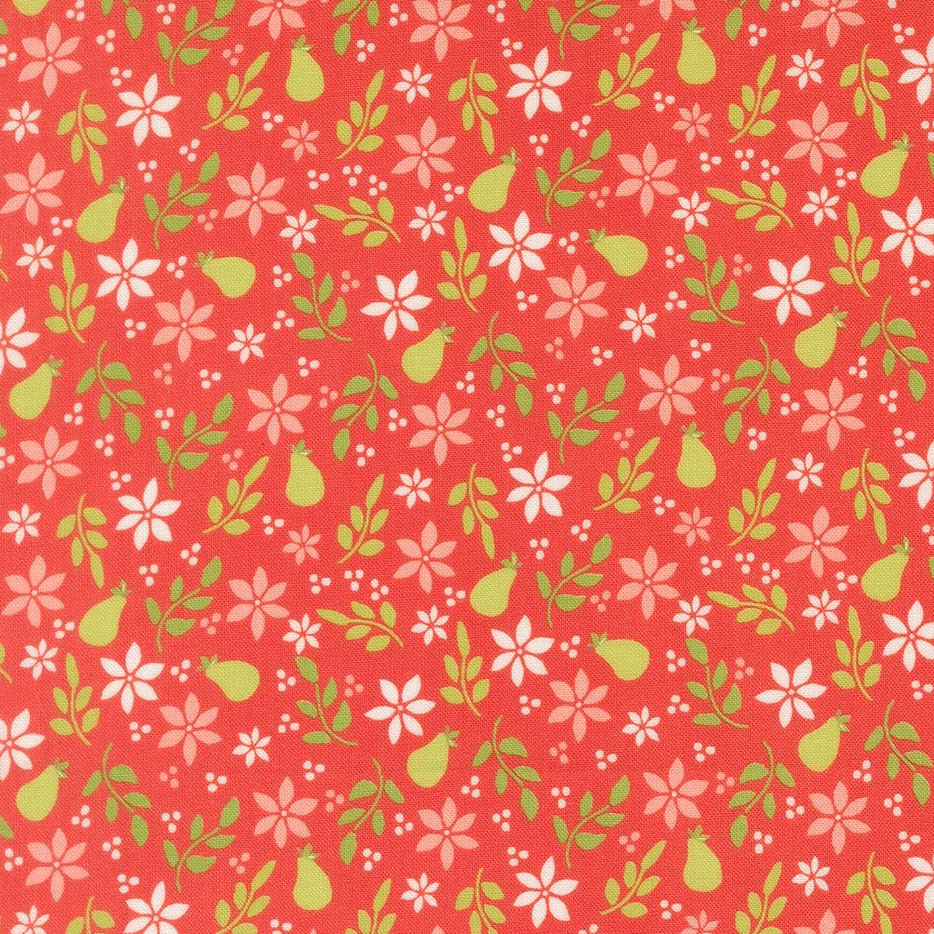 a repeating pattern of red flowers, green leaves, and white flowers on a red background.