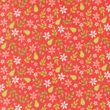a repeating pattern of red flowers, green leaves, and white flowers on a red background.