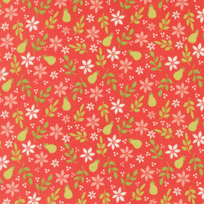 a repeating pattern of red flowers, green leaves, and white flowers on a red background.