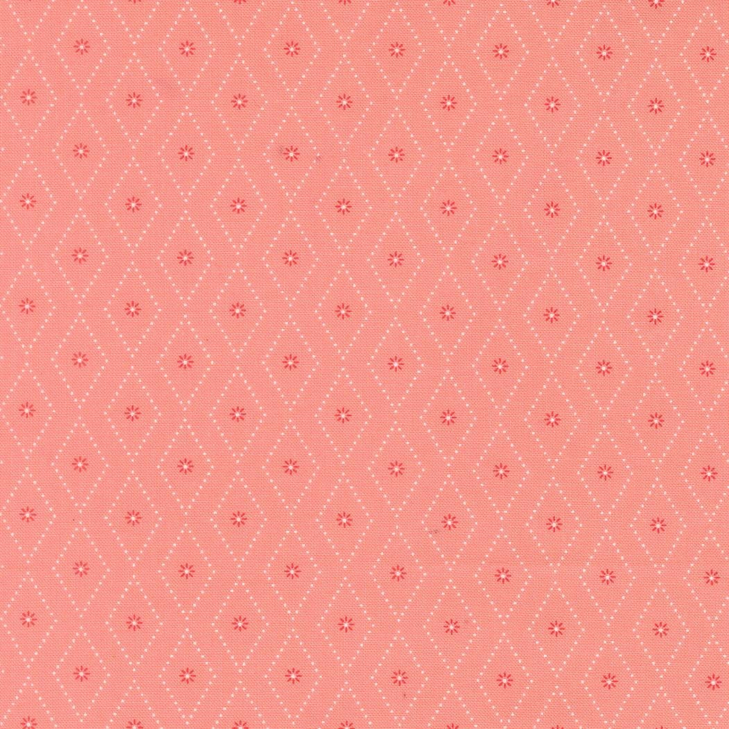 a repeating pattern of small white dots arranged in a diamond shape on a pink background.