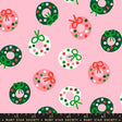 a repeating pattern of Christmas wreaths and donuts on a pink background.
