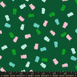 a pattern of colorful gummy bears scattered across a dark green background.