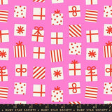 a pattern of red and white gift boxes with polka dots on a pink background.