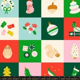 The image is a collage of various Christmas-themed illustrations, including a wreath, a cat, mushrooms, ornaments, a gift box, a squirrel, an owl, a Christmas tree, and stars.