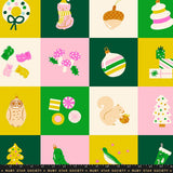 The image is a collage of various Christmas-themed illustrations, including a wreath, a cat, an acorn, a Christmas tree, mushrooms, candy, an owl, a squirrel, and a bird.