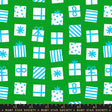 a pattern of various gift boxes and presents in shades of green and white, with blue polka dots and bows.