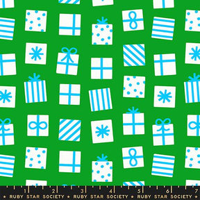 a pattern of various gift boxes and presents in shades of green and white, with blue polka dots and bows.