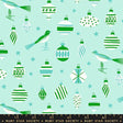 a pattern of various Christmas ornaments and birds against a light blue background.