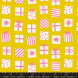 a pattern of various gift boxes and presents in shades of pink and white against a yellow background.
