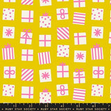 a pattern of various gift boxes and presents in shades of pink and white against a yellow background.