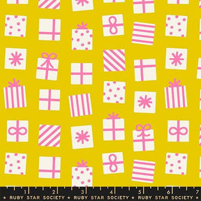 a pattern of various gift boxes and presents in shades of pink and white against a yellow background.