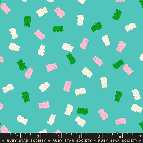 a pattern of colorful gummy bears in various shades of pink, green, and white scattered across a teal background.